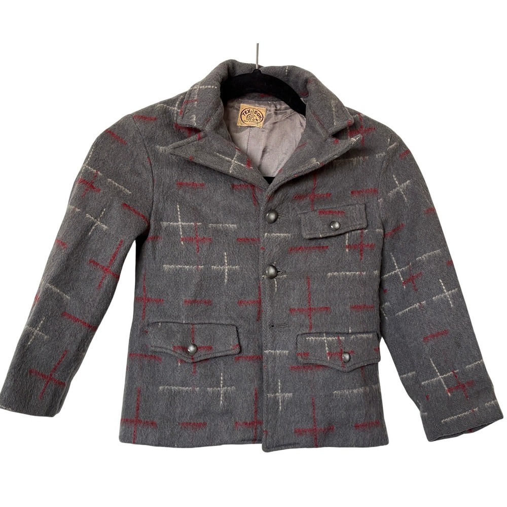 Vintage 1950s Tex-Son San Antonio Boys Wool Coat Grey Red Atomic Pattern Size 6
